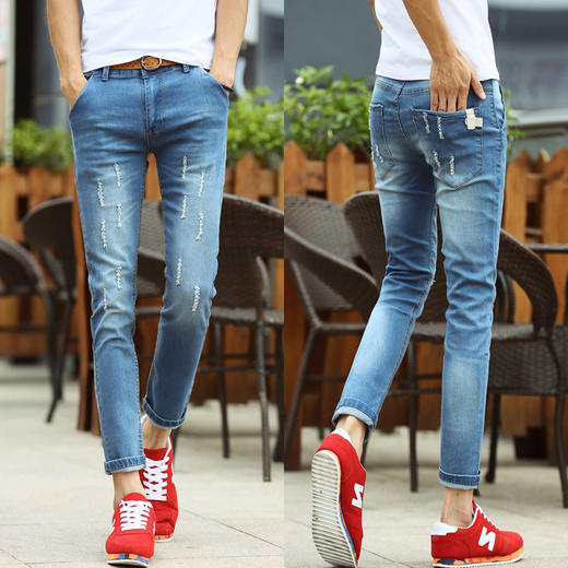 【服饰鞋包】新款薄料男士九分弹力小脚牛仔裤修身破洞休闲铅笔牛仔裤男 商品图0