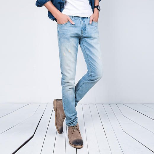 服饰鞋包牛仔裤男士小脚修身浅色牛仔裤男式破洞简约韩版新款