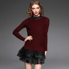 <有书独家>【服饰鞋包】秋冬女装欧美欧根纱针织两件套长袖连衣裙