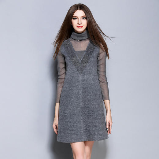 【服饰鞋包】秋季女装灰色性感透视长袖连衣裙欧美街拍网纱A字裙 商品图0