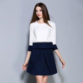 【套装裙】秋冬新款长袖两件套欧美时尚女装格子拼接撞色休闲套装女