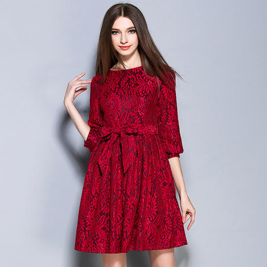 【连衣裙】秋季新款女装圆领红色蕾丝大码蓬蓬A字裙修身长袖连衣裙女 商品图0