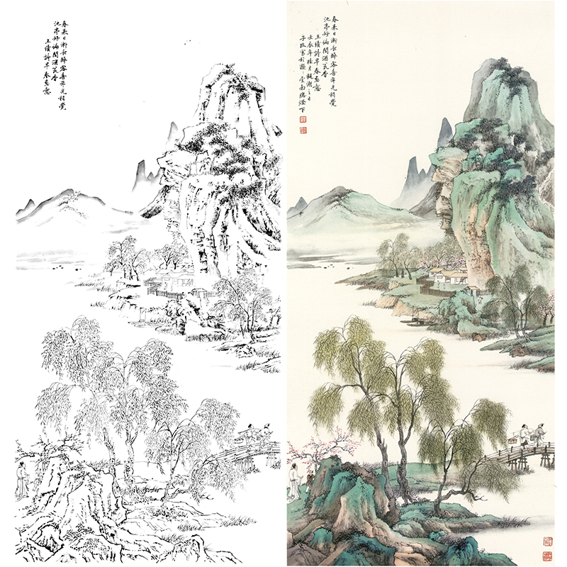 白描底稿-李子牧竖幅工笔山水人物-SV09