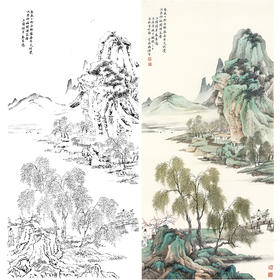 白描底稿-李子牧竖幅工笔山水人物-SV09