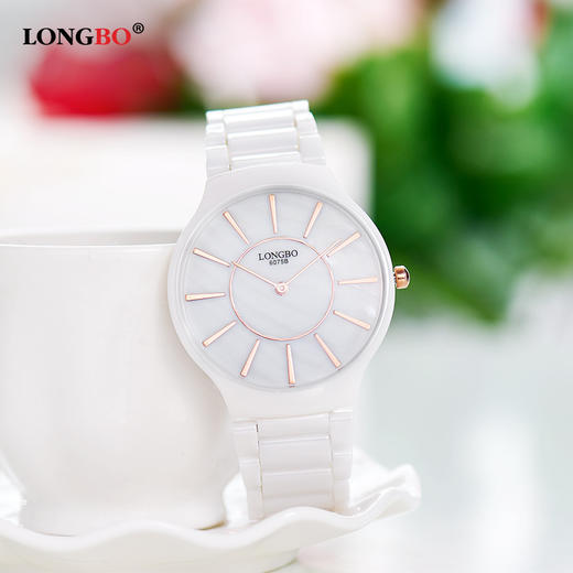 【手表】龙波薄款白色陶瓷手表女时尚简约镶钻指针女士手表6075 商品图0