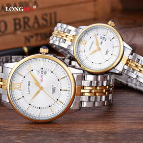 【手表】金面钢带男款手表防水石英女碗表带星期日历情侣手表