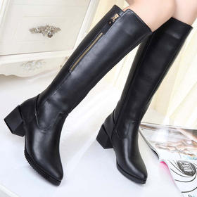 【女靴】秋冬季新款女尖头中跟高筒靴侧拉链女粗跟骑士靴皮靴