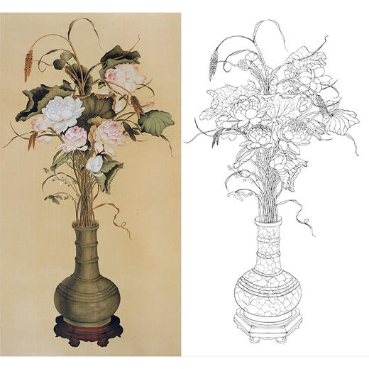 竖幅工笔花鸟白描底稿花瓶荷花xv05