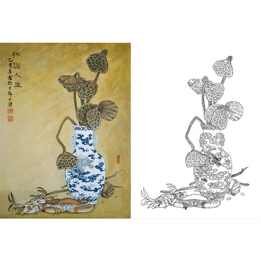 工笔花鸟白描底稿-花瓶莲蓬-斗方小品册页-XV06 商品图0
