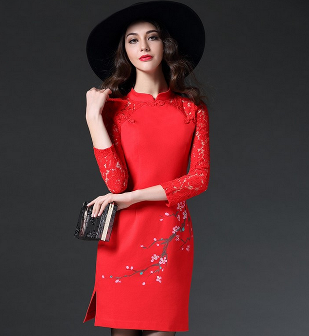 XSL6880  九分袖立领蕾丝印花连衣裙（亏本处理不退换）