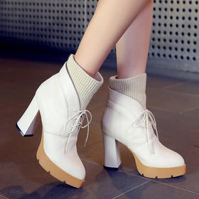 【短靴女】秋新款欧美高跟女靴子 粗跟短靴系带马丁靴