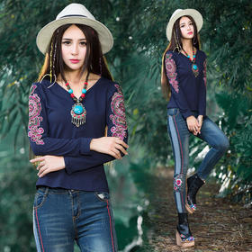 【服饰鞋包】秋冬新款修身显瘦中国风女上衣打底衫 民族风大码女装长袖t恤