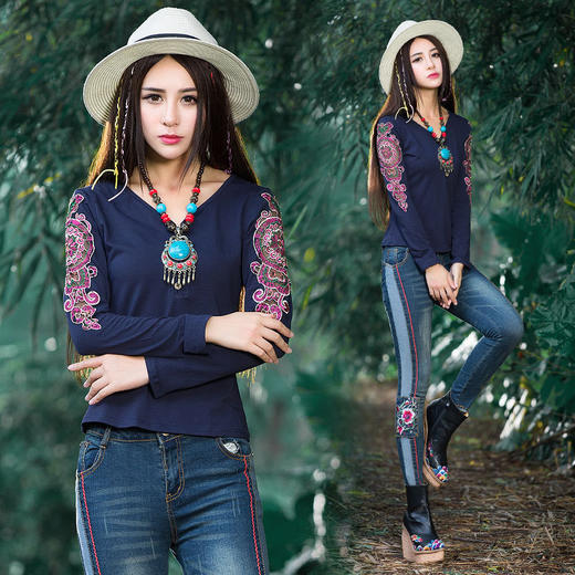 【服饰鞋包】秋冬新款修身显瘦中国风女上衣打底衫 民族风大码女装长袖t恤 商品图0