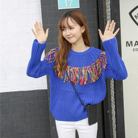 【服饰鞋包】秋冬装新款宽松短款圆领套头毛衣女针织衫欧美风潮牌流苏上衣