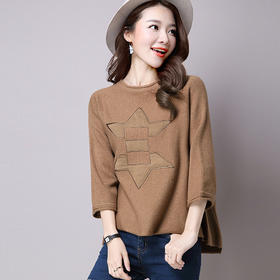 【服饰鞋包】秋冬女士上衣韩版新品套头毛衣女卷边七分袖宽松显瘦大码女装针织衫女