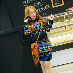 【服饰鞋包】韩版秋冬季女新款拼接针织毛衣包臀显瘦裙子连衣裙两件套套装