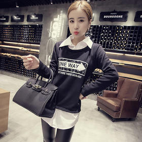 【服饰鞋包】秋冬韩版假两件翻领拼接字母印花修身显瘦卫衣T恤女装