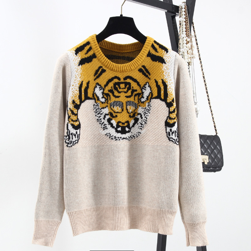 【上衣】秋冬新品 虎头图案提花显瘦套头针织衫女装拼色百搭毛衣