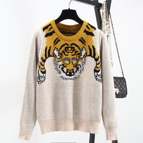 【上衣】秋冬新品 虎头图案提花显瘦套头针织衫女装拼色百搭毛衣