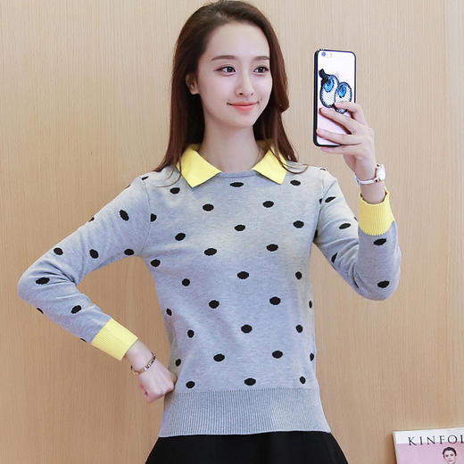 【服饰鞋包】秋冬女装新款时尚圆点韩版学院风翻领修身针织衫套头保暖毛衣 商品图0