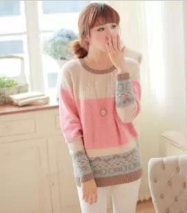 【服饰鞋包】秋冬新款韩版女装撞色拼接圆领长袖针织衫蝴蝶结毛衣 女 商品图0