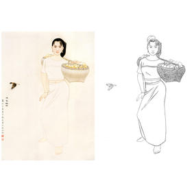 赵无畏竖幅工笔现代人物白描底稿-仕女-傣家的歌-ZV12