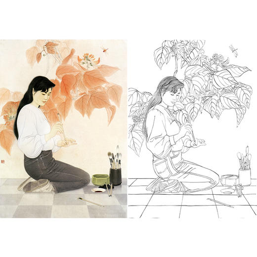 竖幅工笔现代人物白描底稿-仕女-ZV10 商品图0