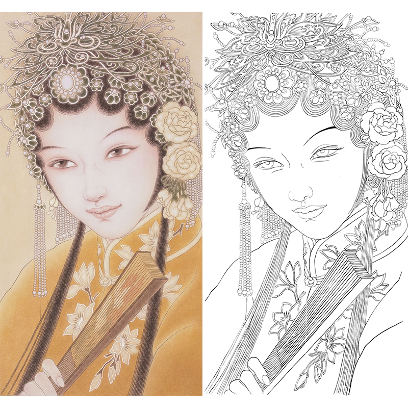 竖幅工笔人物白描底稿-其他人物-戏曲人物-ZV01