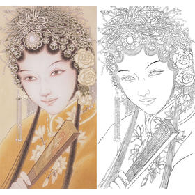 竖幅工笔人物白描底稿-其他人物-戏曲人物-ZV01