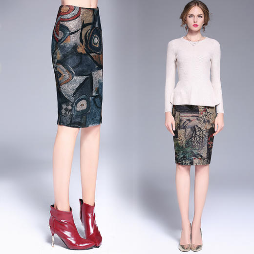 【服饰鞋包】女装秋冬季新款开叉半身裙女士抽象印花包臀一步裙6255 商品图0