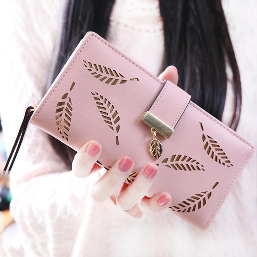 【女士钱包】新款韩版女士钱包长款时尚手拿包镂空树叶拉链搭扣钱包卡包 商品图0