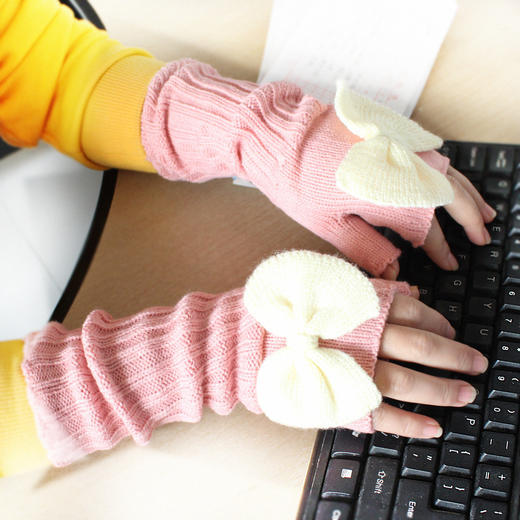 【手套】*毛线蝴蝶结女士手套秋冬保暖创意 商品图0