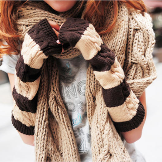 【服饰鞋包】女冬季韩版针织保暖长款手套 彩条纹臂套 商品图0