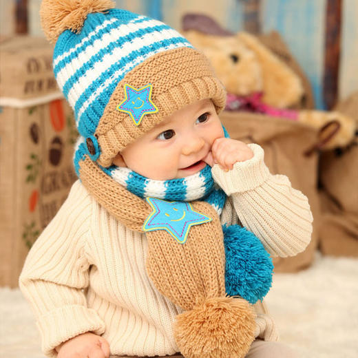【围巾】韩版笑脸五角星护耳二件套宝宝帽子+围巾 套装儿童帽子加厚  商品图0