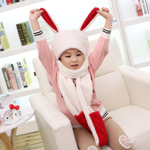 【围巾】*冬季男女儿童保暖帽子手套围巾三件一体套装可爱卡通兔耳朵帽 商品图0