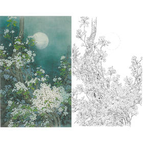 竖幅工笔花鸟白描底稿-周中耀-梨花《一树梨花影摇中》-多种白描尺寸可选-LV09