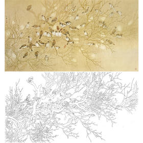 横幅工笔花鸟白描底稿-周中耀-麻雀-LV11