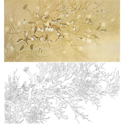 横幅工笔花鸟白描底稿-周中耀-麻雀-LV11 商品图0