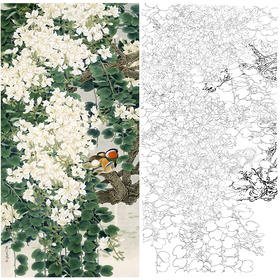 竖幅工笔花鸟白描底稿-周彦生-白荆花鸳鸯《春睡》-多种白描尺寸可选-LV03