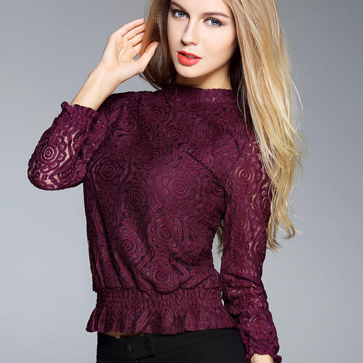 【服饰鞋包】秋季新品优雅气质OL长袖上衣修身立领蕾丝衫女装聚酯纤维 商品图0