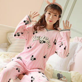 【睡衣女】秋冬季长袖睡衣可爱卡通韩版加厚冬天法兰绒家居服套装女