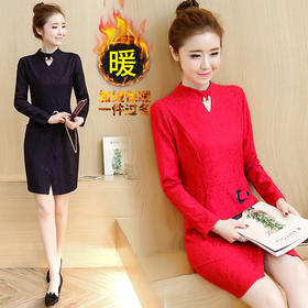 【服饰鞋包】胖MM女装秋冬款大码打底裙加绒加厚修身显瘦中长款蕾丝连衣裙