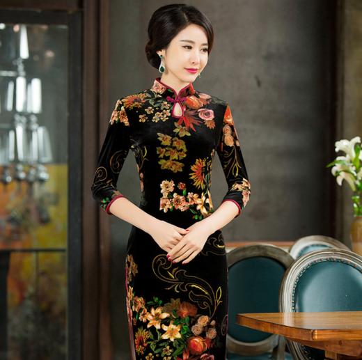 xl105复古改良金丝绒中袖旗袍