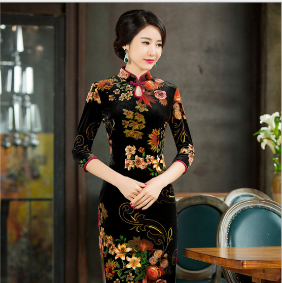 XL105长丝绒秋冬季 金丝绒旗袍