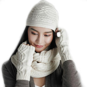 sandriver 秋冬 绞花羊绒配饰套装 白色（帽子、围脖、手套）