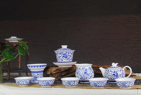 景德镇 陶瓷 国瓷红叶 12头手绘青花功夫茶具福寿连绵