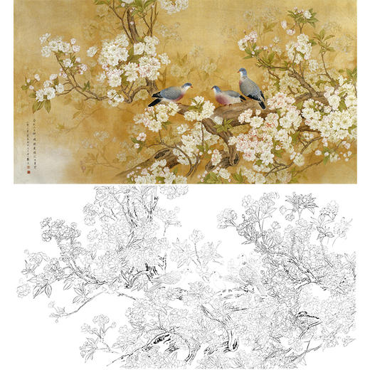 横幅工笔花鸟白描底稿周中耀樱花fv03