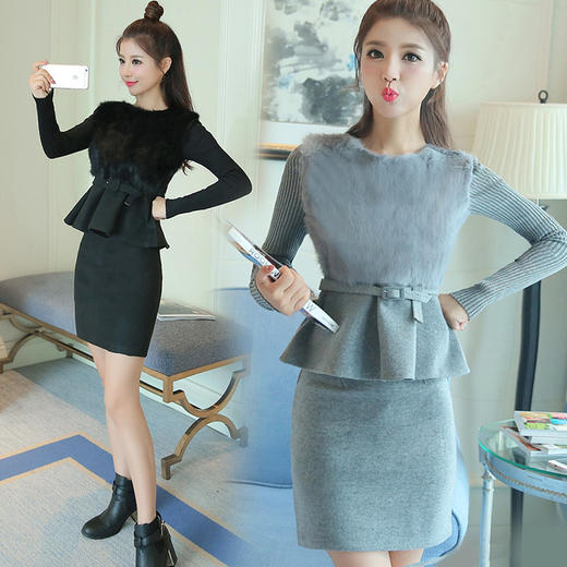 【服饰鞋包】秋冬女装韩版长袖打底裙拼接套裙 中长款毛呢连衣裙 商品图0