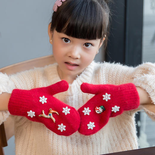 【手套】冬季新款儿童卡通手套 针织包指圣诞雪花双层保暖加厚连指手套 商品图0