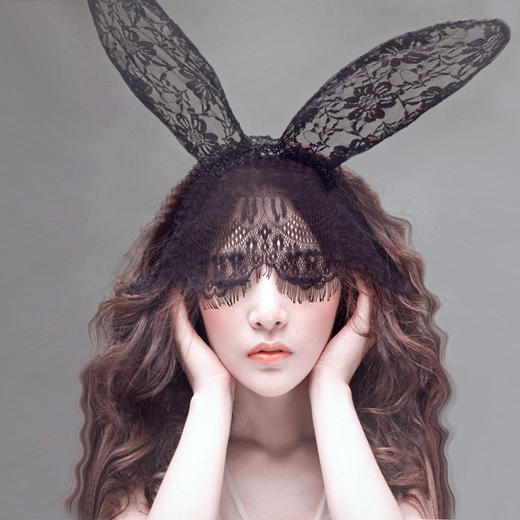 【发箍女】新款可爱兔耳朵眼罩面纱发箍配饰猫女蕾丝头饰 商品图0